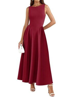🆕 Women Burgundy Sleeveless Maxi Classy A Line Tank Formal Midi Long Dress